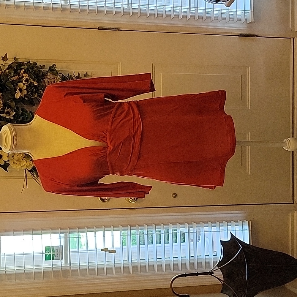 Banana Republic dark coral silk blend top Vneck 3/4 sleeve empire waist Medium …
